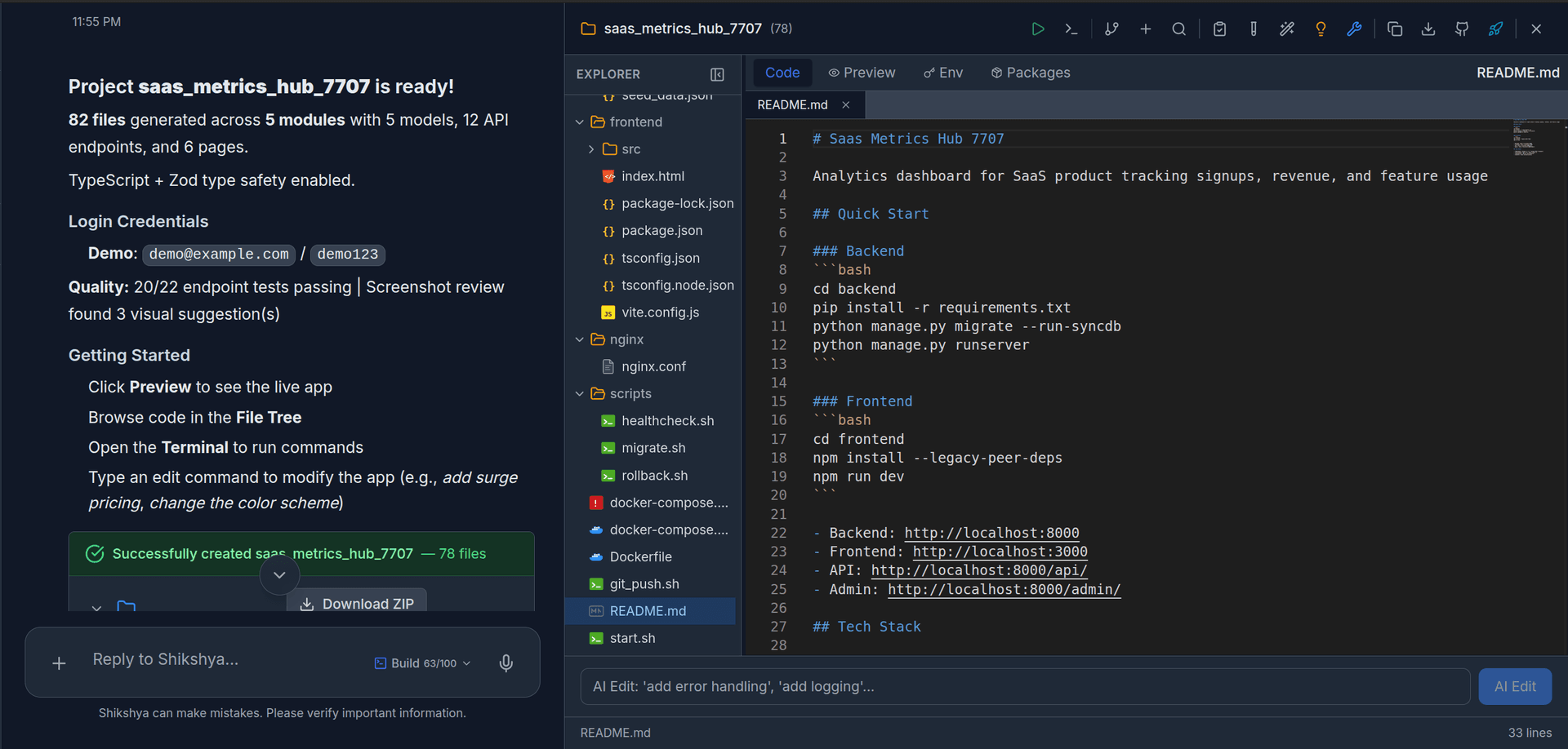 Generated project with 82 files, 5 models, 12 API endpoints, quality score